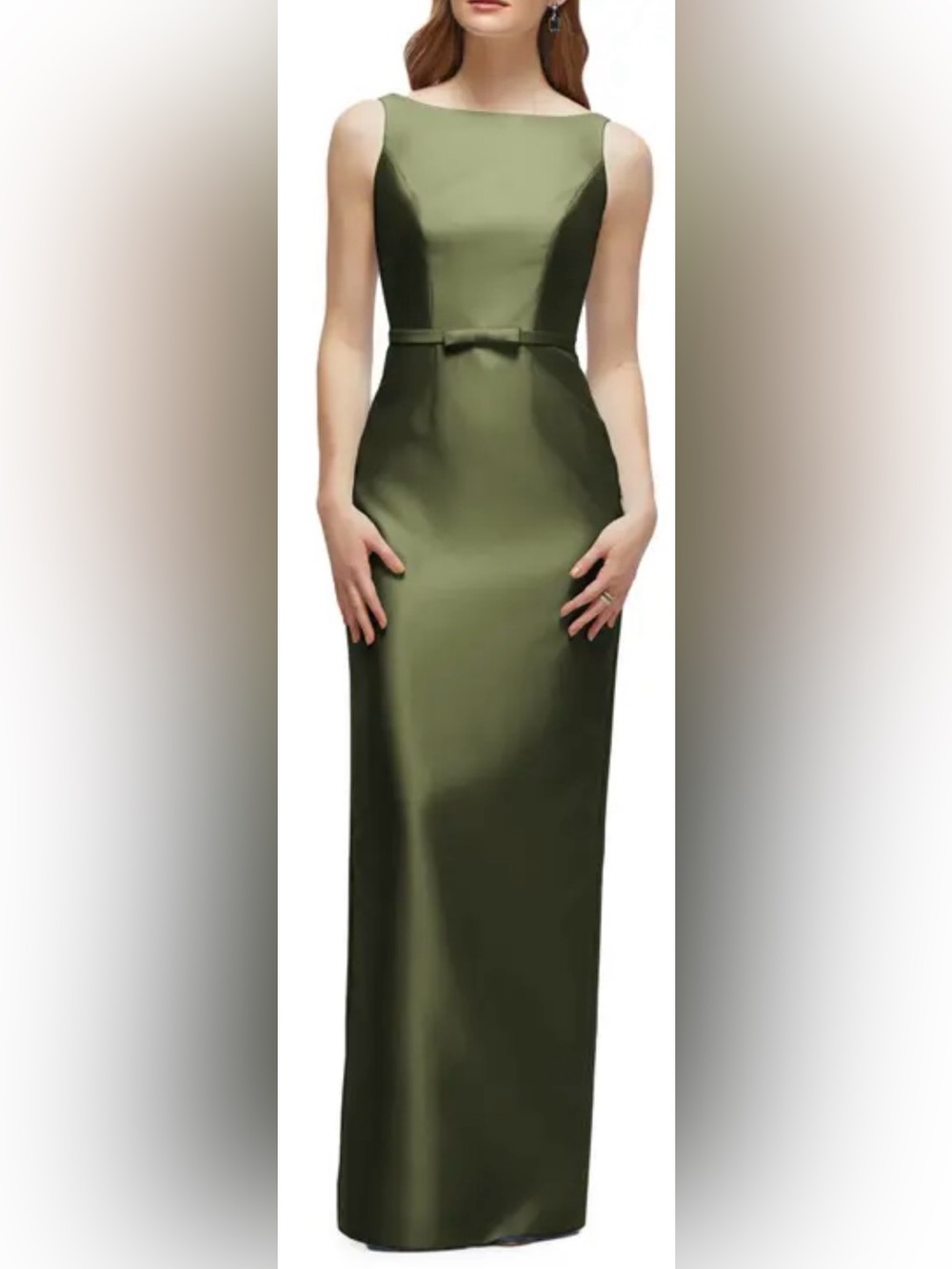 NEW ALFRED SUNG Bateau Neck Sleeveless Satin Twill Olive green Column Gown Sz 12